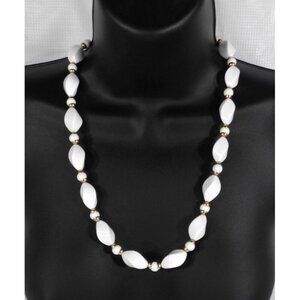 Vintage retro necklace lightweight white plastic beads with gold tone 22"